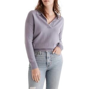 Madewell Polo Merino Wool Sweater Size Medium Purple Preppy Relaxed Soft Cropped